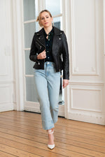 Sheepskin leather Biker Jacket with denim patch on the back - Image n°3