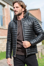 Thin and warm men's down jacket in black color - Image n°1