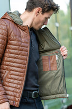 Warm cognac sheepskin jacket, quilted and slim. Fixed hood for winter. - Image n°6