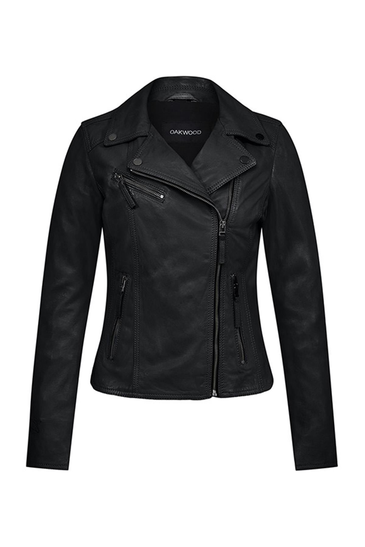 Women's black sheepskin leather Biker Jacket - Image n°1
