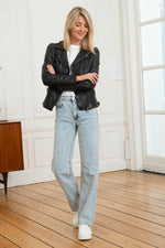 Black lambskin biker jacket with washed finish and asymmetrical zip. - Image n°3