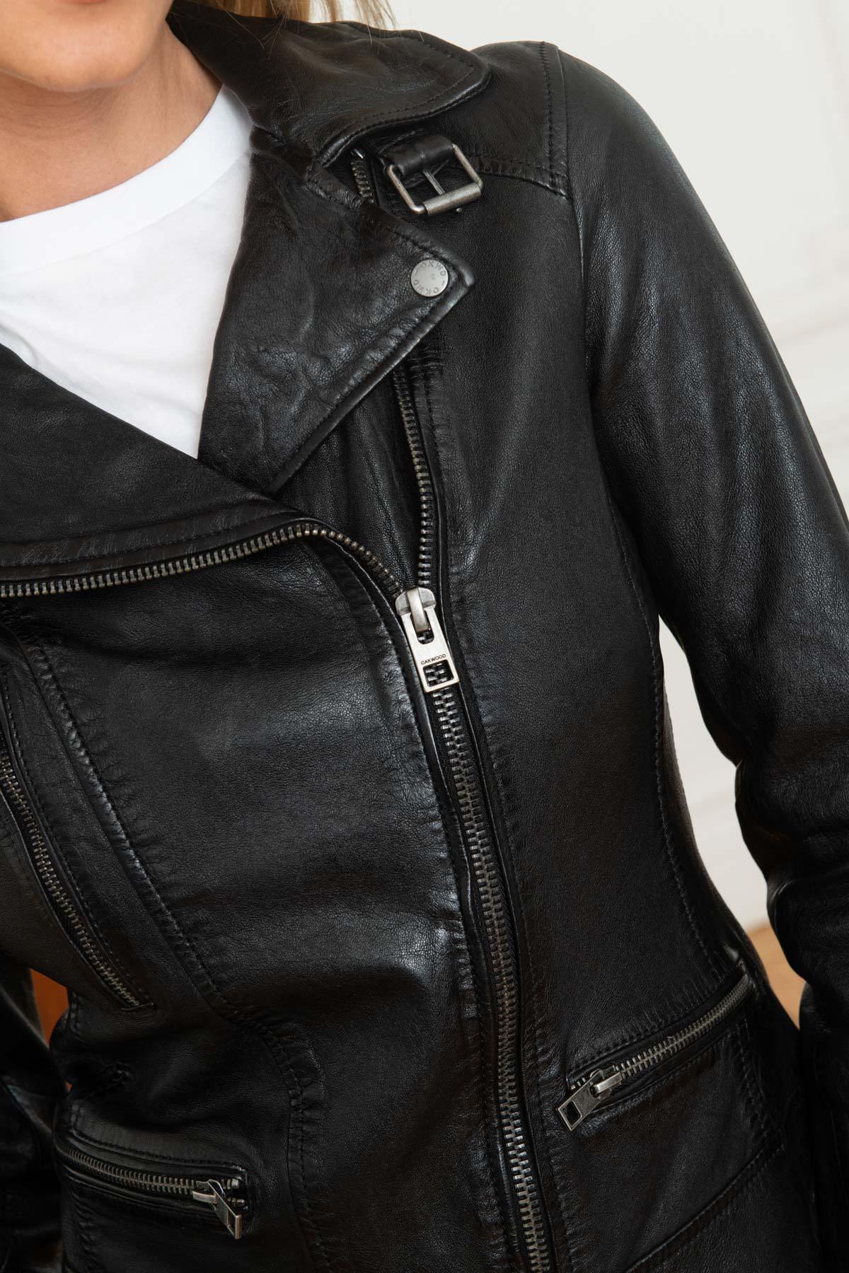 Black lambskin biker jacket with washed finish and asymmetrical zip. - Image n°7
