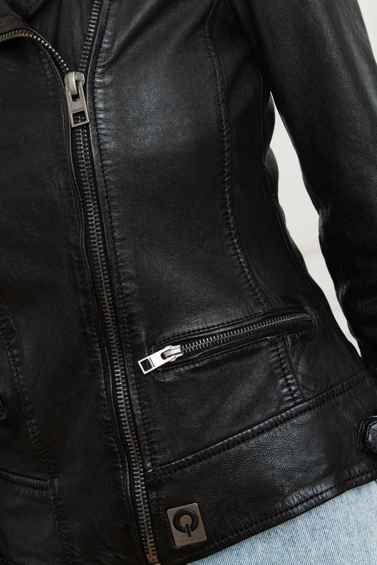 Black lambskin biker jacket with washed finish and asymmetrical zip. - Image n°8