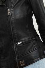 Black lambskin biker jacket with washed finish and asymmetrical zip. - Image n°8