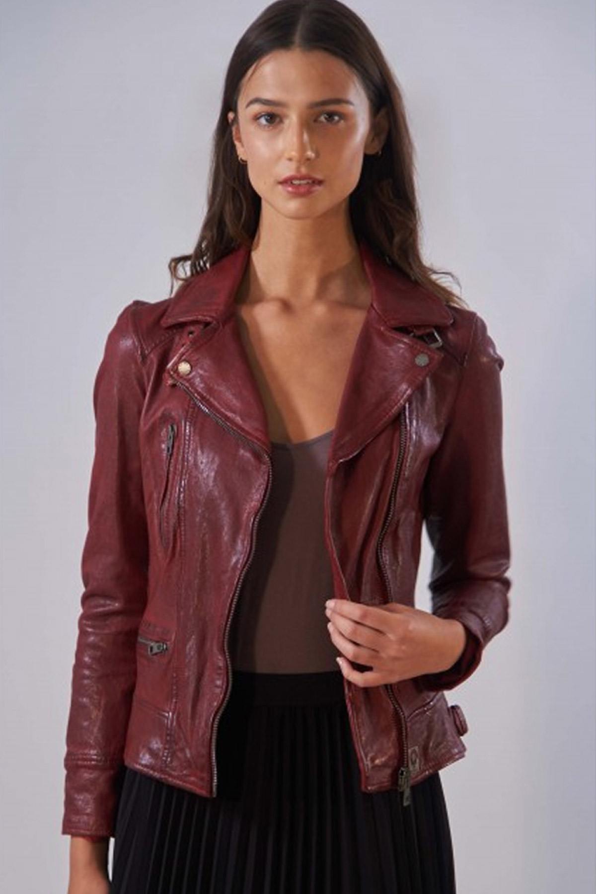Aged sheepskin biker jacket in fiery red, slim-fit and rock-chic. - Image n°1