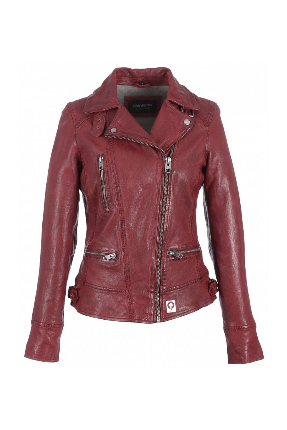 Aged sheepskin biker jacket in fiery red, slim-fit and rock-chic. - Image n°4