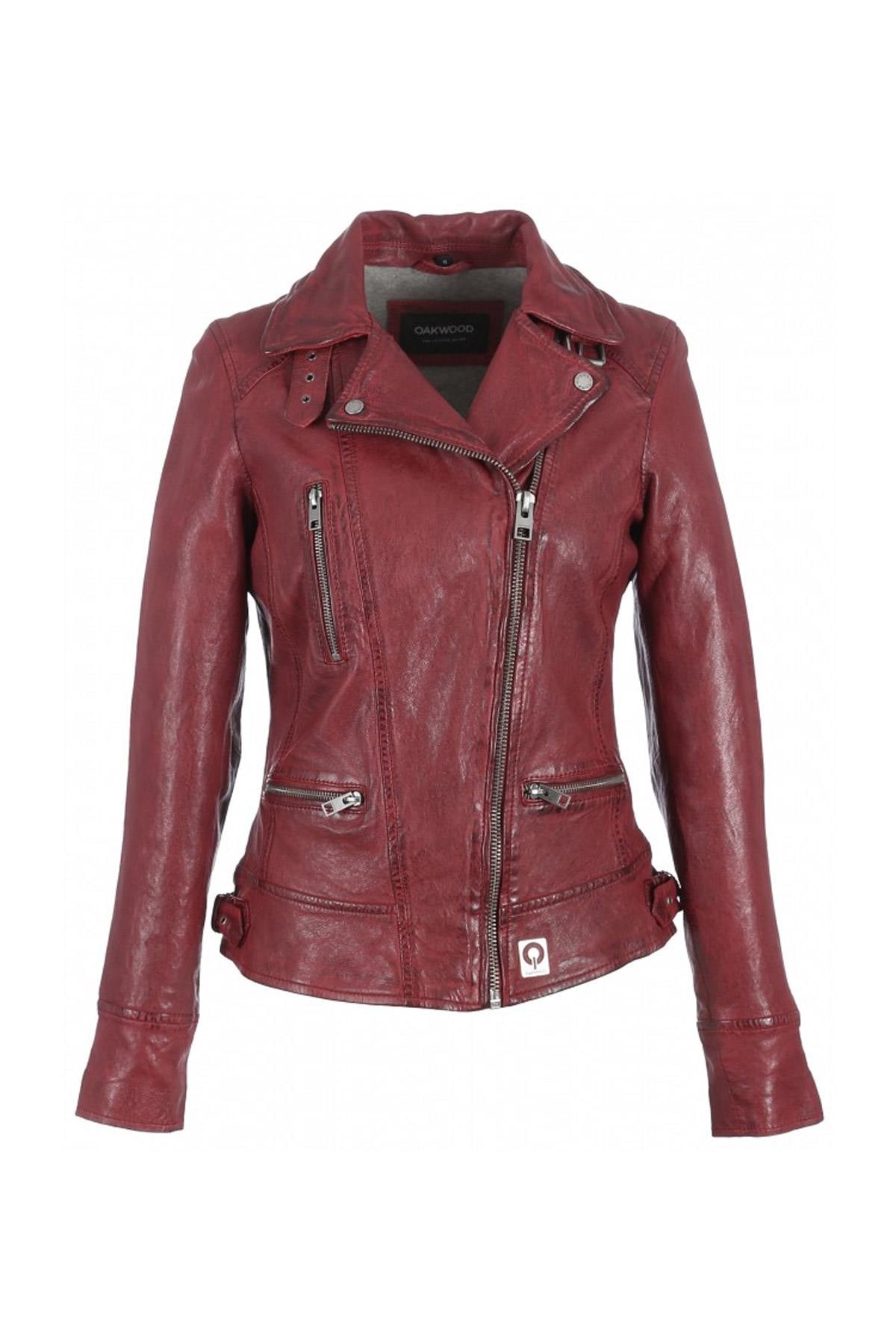 Aged sheepskin biker jacket in fiery red, slim-fit and rock-chic. - Image n°4