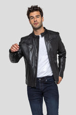 Matte black sheepskin biker jacket, slim fit by Redskins. - Image n°1