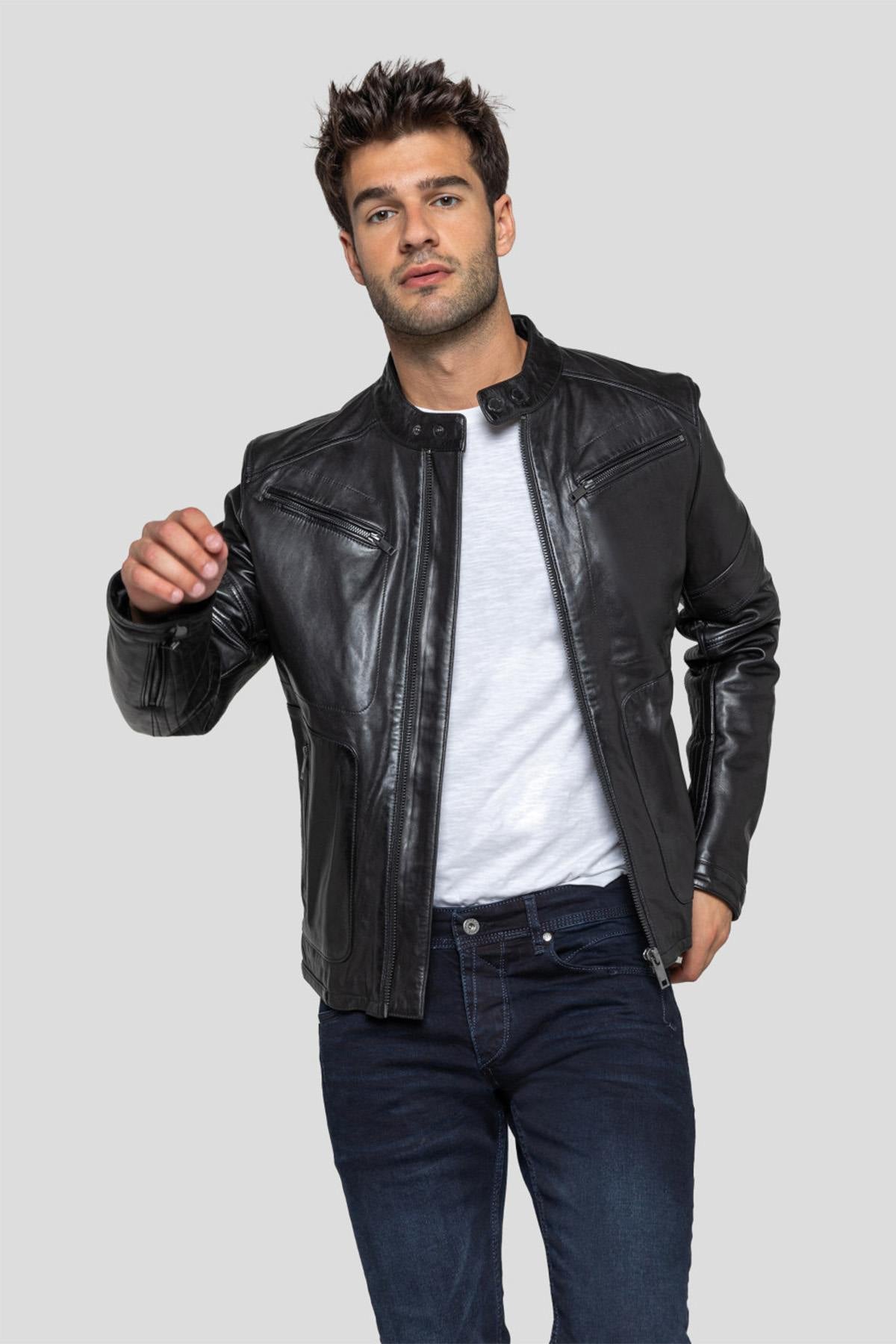 Matte black sheepskin biker jacket, slim fit by Redskins. - Image n°1