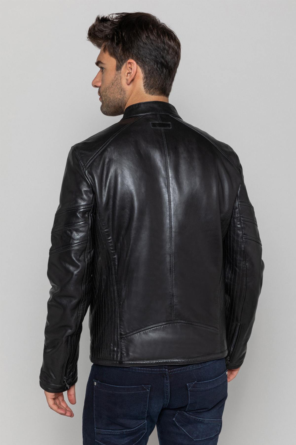 Matte black sheepskin biker jacket, slim fit by Redskins. - Image n°3