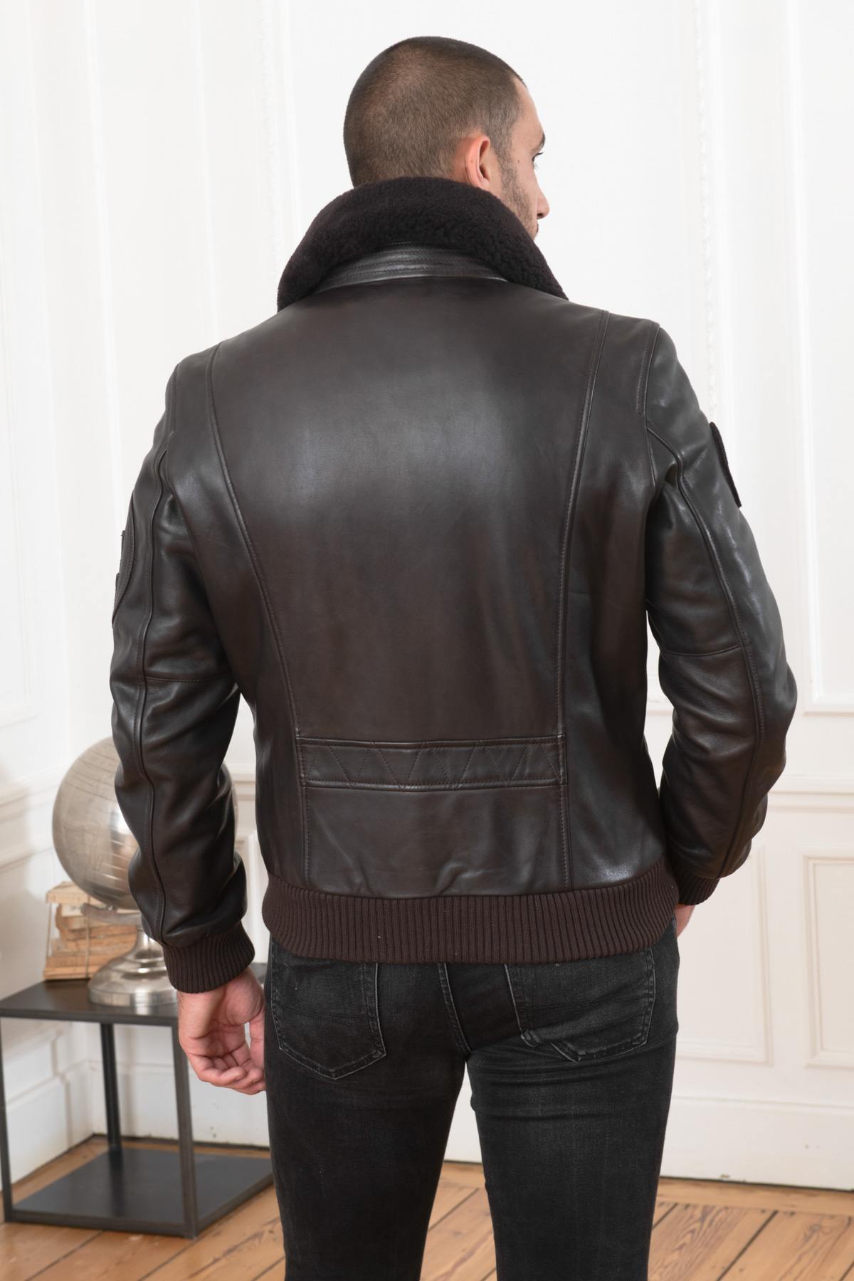 Brown RAFAL YCON aviator jacket in lambskin leather, removable collar. - Image n°9