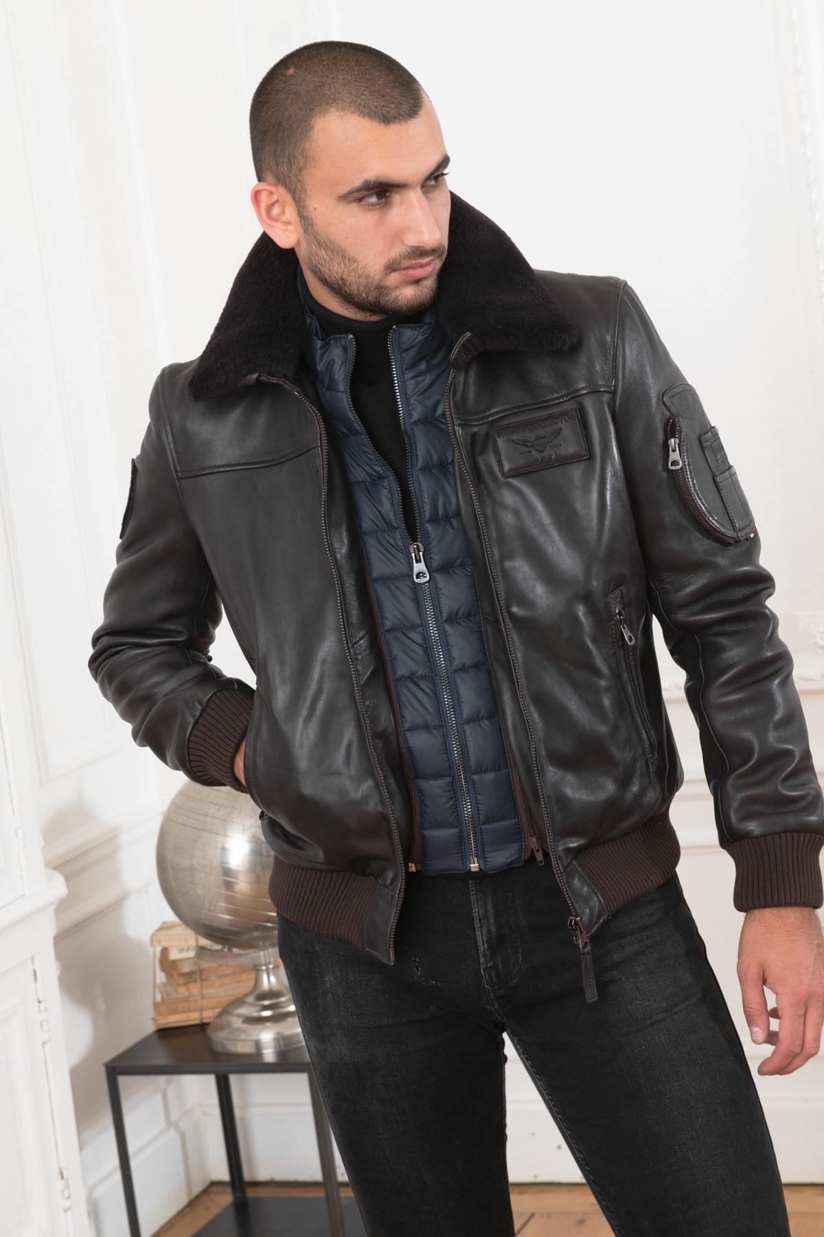 Brown RAFAL YCON aviator jacket in lambskin leather, removable collar. - Image n°8