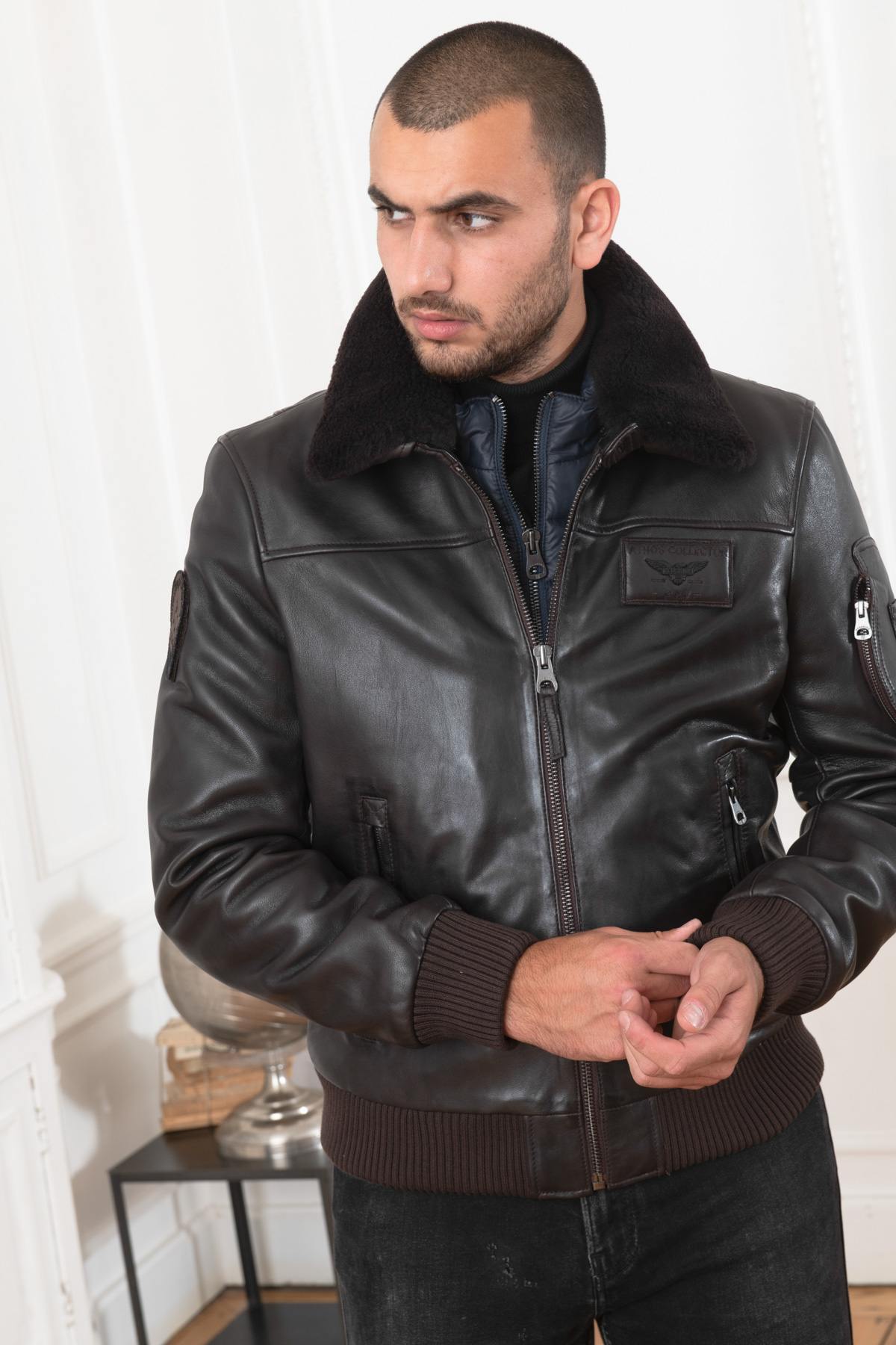 Brown RAFAL YCON aviator jacket in lambskin leather, removable collar. - Image n°5