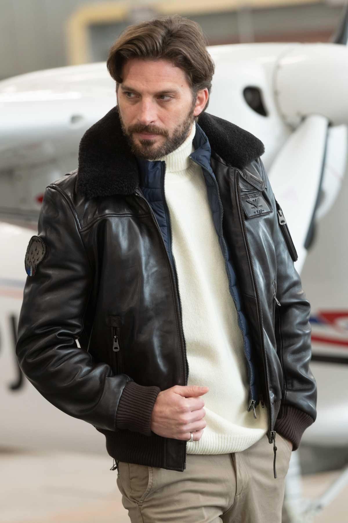 Brown RAFAL YCON aviator jacket in lambskin leather, removable collar. - Image n°1