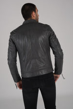 Slim sheep leather jacket in aged grey. Moto style with zipped cuffs. - Image n°4