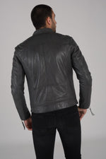 Slim sheep leather jacket in aged grey. Moto style with zipped cuffs. - Image n°4