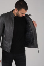 Slim sheep leather jacket in aged grey. Moto style with zipped cuffs. - Image n°5
