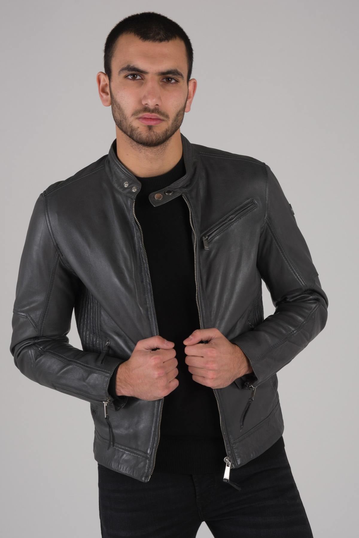 Slim sheep leather jacket in aged grey. Moto style with zipped cuffs. - Image n°3