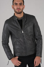 Slim sheep leather jacket in aged grey. Moto style with zipped cuffs. - Image n°1
