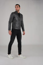Slim sheep leather jacket in aged grey. Moto style with zipped cuffs. - Image n°2