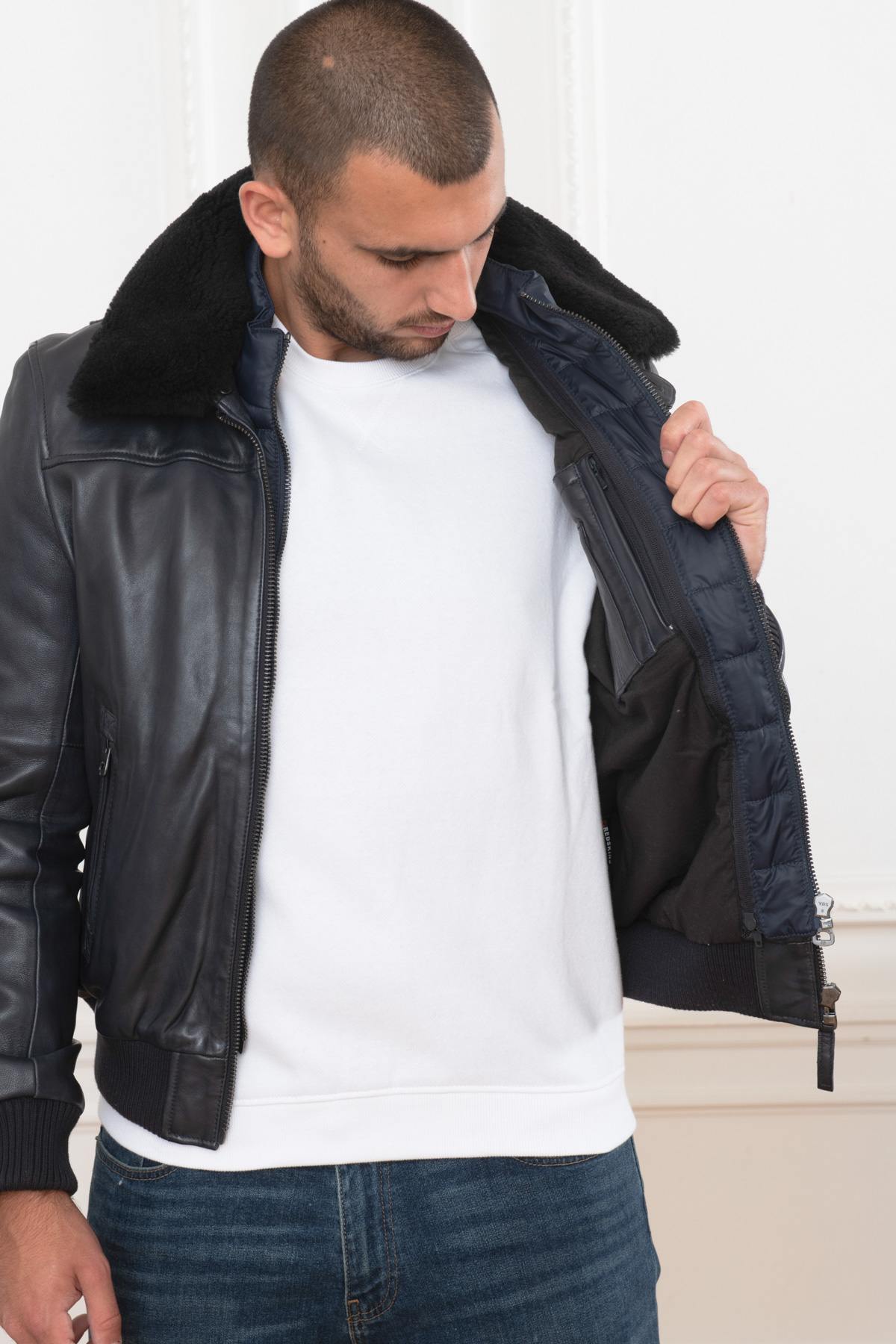 Limited-edition navy lambskin aviator jacket with patinated finish. - Image n°12