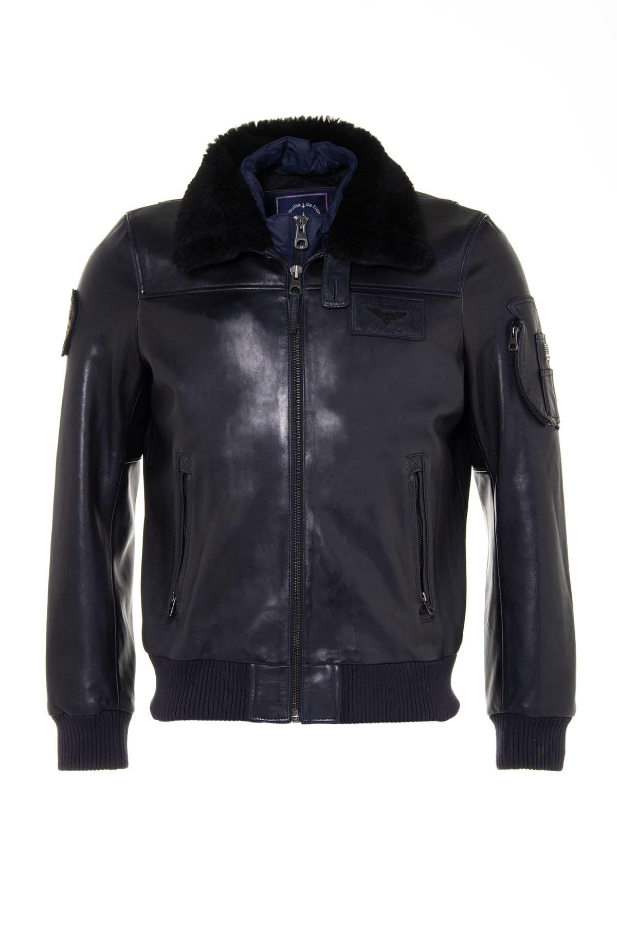 Limited-edition navy lambskin aviator jacket with patinated finish. - Image n°6