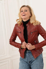 Red chilli sheep leather jacket. Patinated, slim-fit, moto collar. - Image n°5