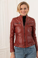 Red chilli sheep leather jacket. Patinated, slim-fit, moto collar. - Image n°6