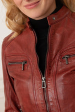 Red chilli sheep leather jacket. Patinated, slim-fit, moto collar. - Image n°8