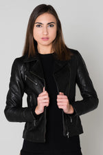 Slim black sheep leather biker jacket, mid-length and lightweight. - Image n°3