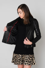 Slim black sheep leather biker jacket, mid-length and lightweight. - Image n°6