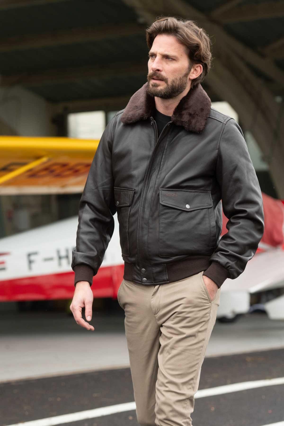 Lambskin aviator jacket by Schott. Slim fit with removable collar. - Image n°2
