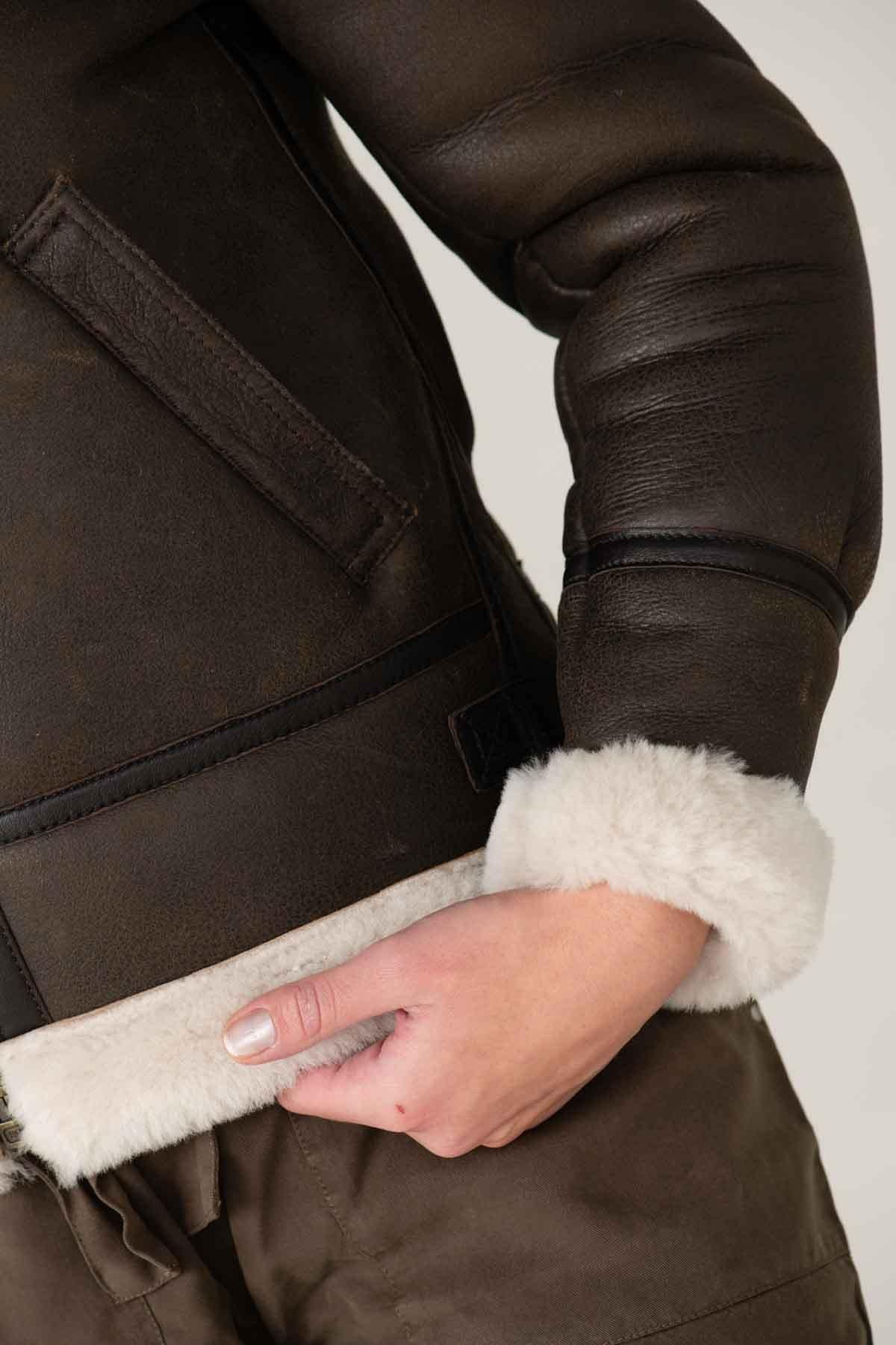 Dark brown sheepskin bomber by Schott. Warm, textured, slim-fit. - Image n°8