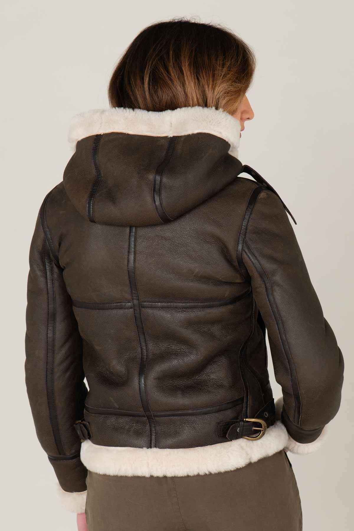 Dark brown sheepskin bomber by Schott. Warm, textured, slim-fit. - Image n°4