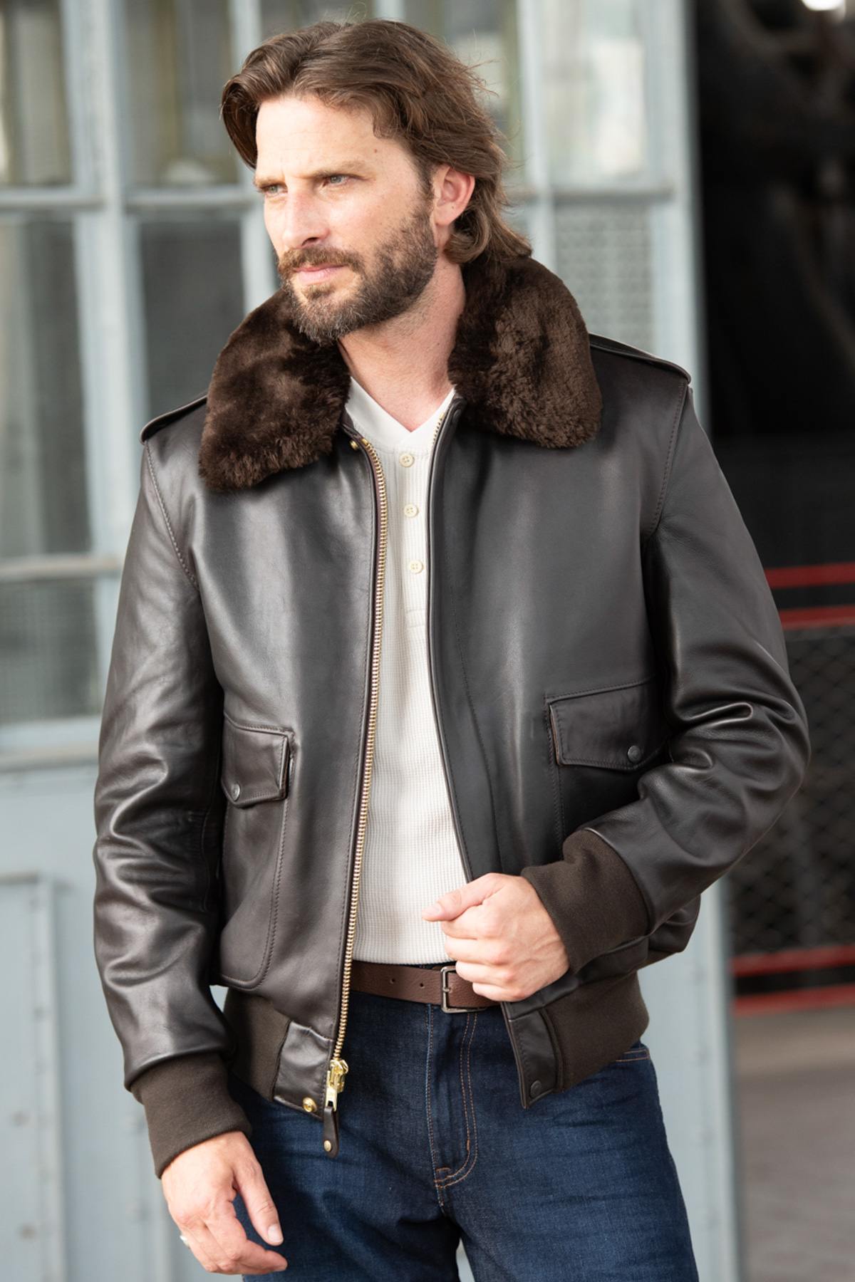 The Schott 184SM Brown A-2 jacket in supple cowhide. Made in the USA. - Image n°1