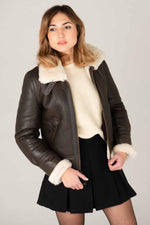 Dark brown sheepskin bomber by Schott, lined with wool for winter. - Image n°4