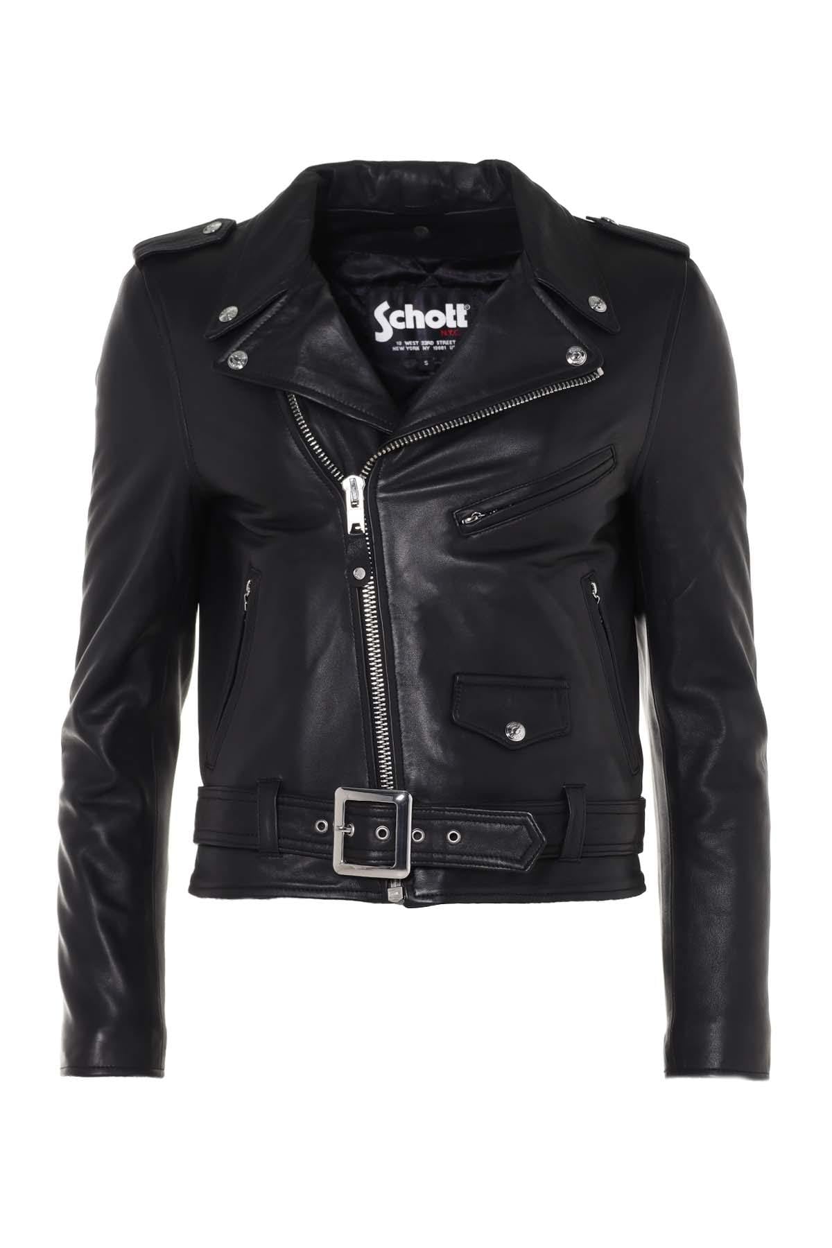 Slim-fit black lambskin leather jacket from Schott, biker-inspired. - Image n°3