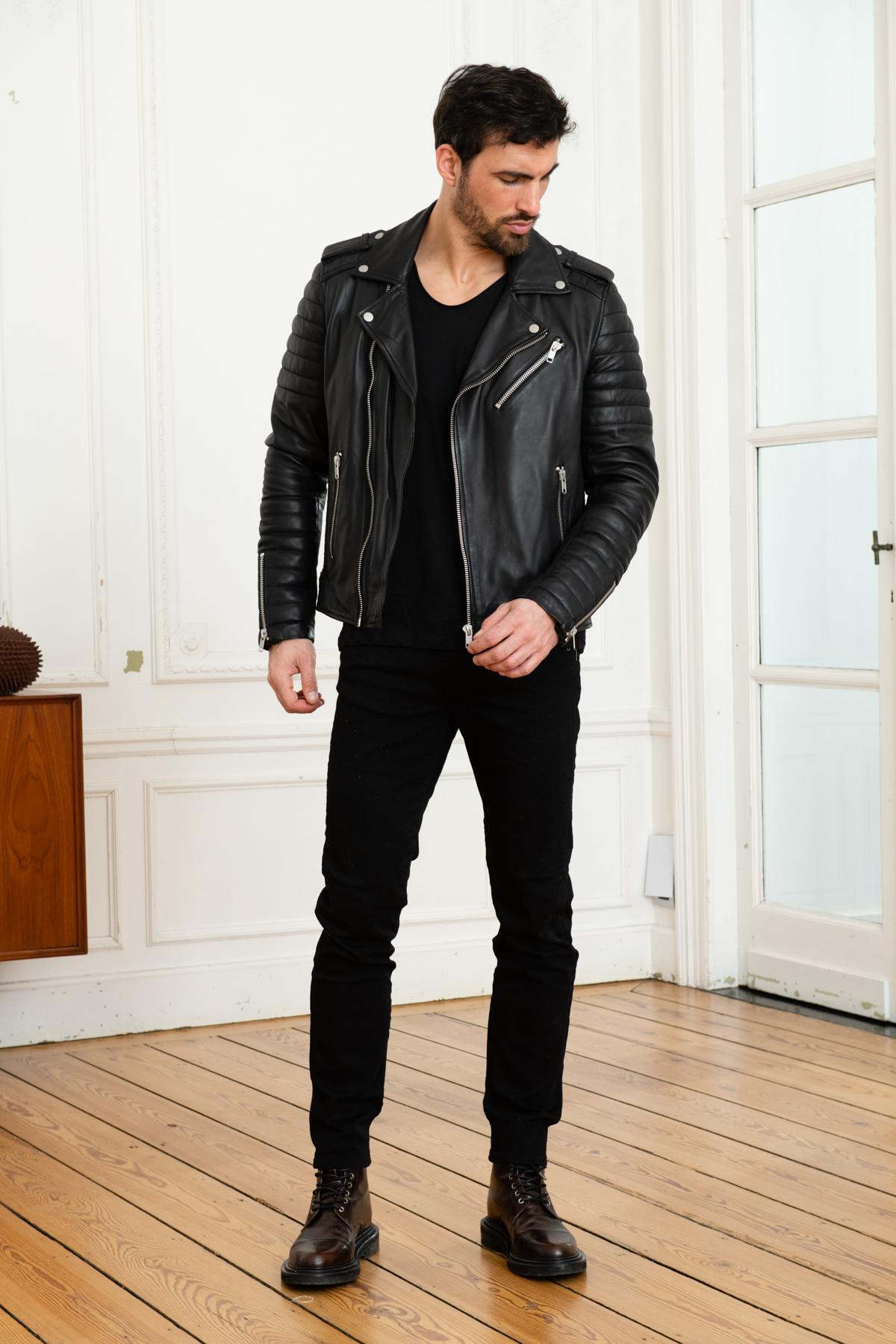 Black lambskin biker jacket with quilted shoulders and asymmetric zip. - Image n°11