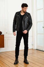 Black lambskin biker jacket with quilted shoulders and asymmetric zip. - Image n°11