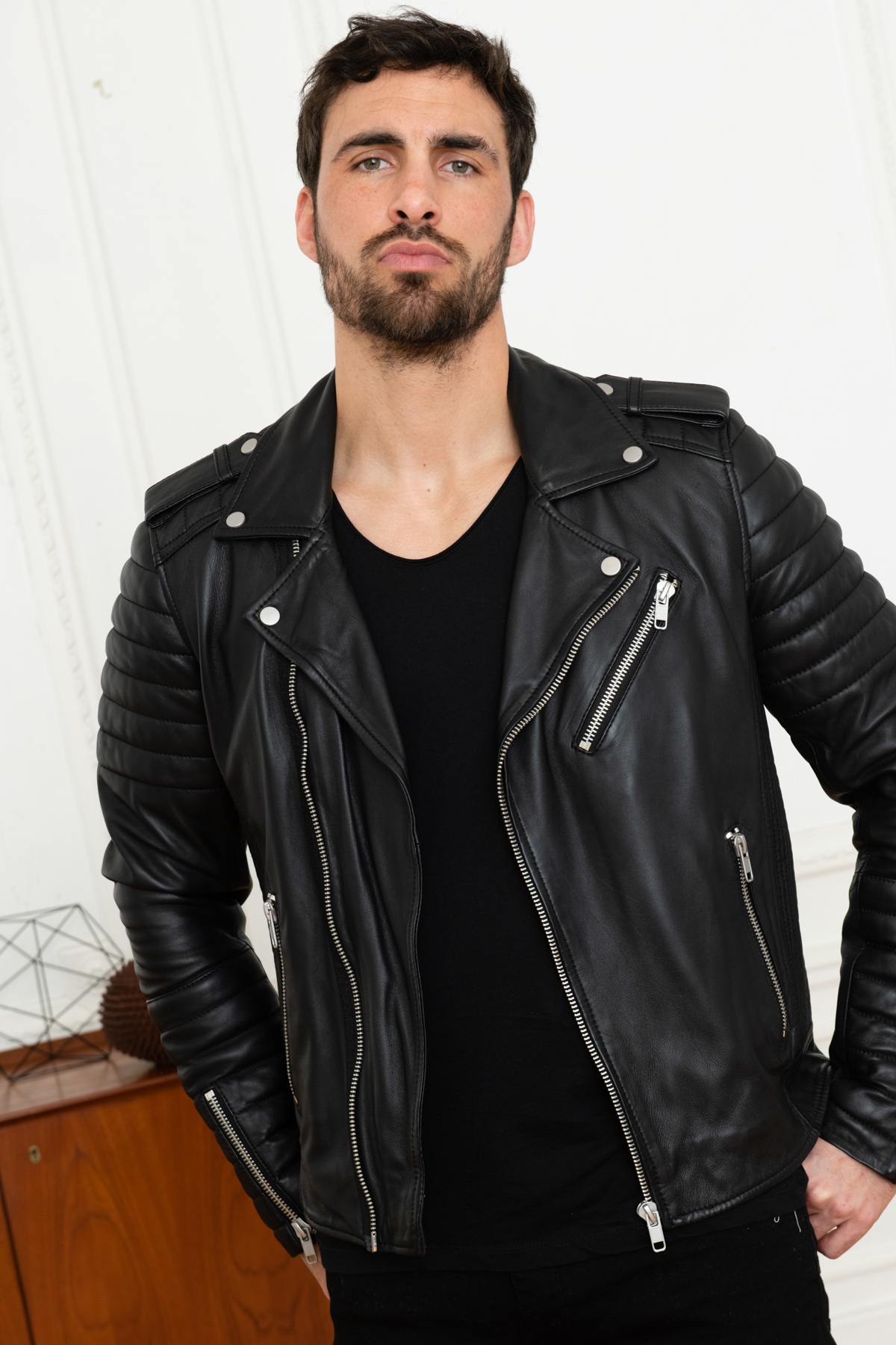 Black lambskin biker jacket with quilted shoulders and asymmetric zip. - Image n°13