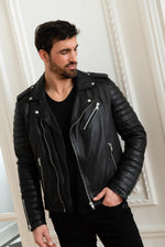 Black lambskin biker jacket with quilted shoulders and asymmetric zip. - Image n°12