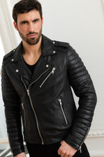 Black lambskin biker jacket with quilted shoulders and asymmetric zip. - Image n°4