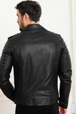 Black lambskin biker jacket with quilted shoulders and asymmetric zip. - Image n°9