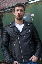 Black lambskin biker jacket with quilted shoulders and asymmetric zip. - Image n°2