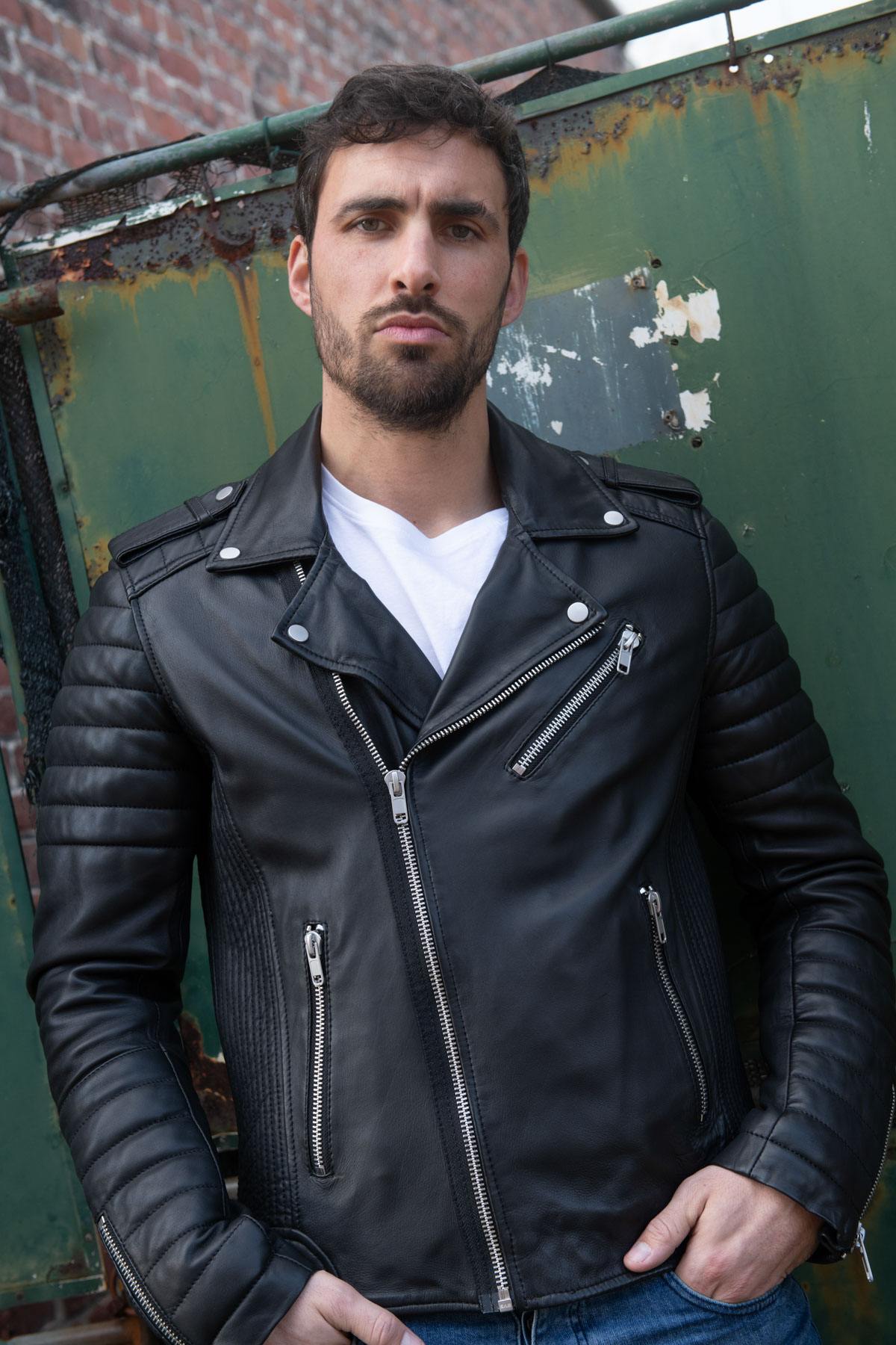 Black lambskin biker jacket with quilted shoulders and asymmetric zip. - Image n°2