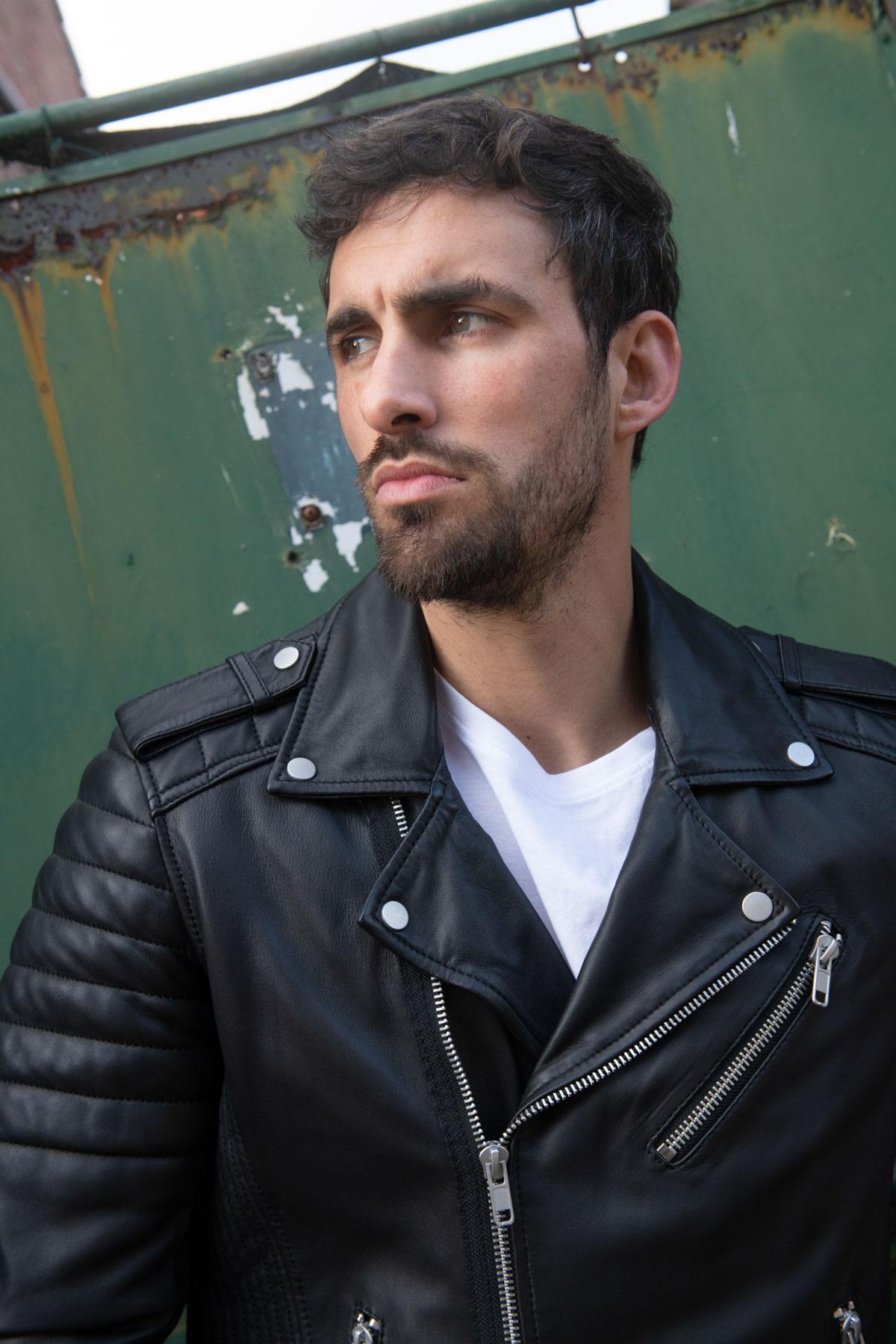 Black lambskin biker jacket with quilted shoulders and asymmetric zip. - Image n°6