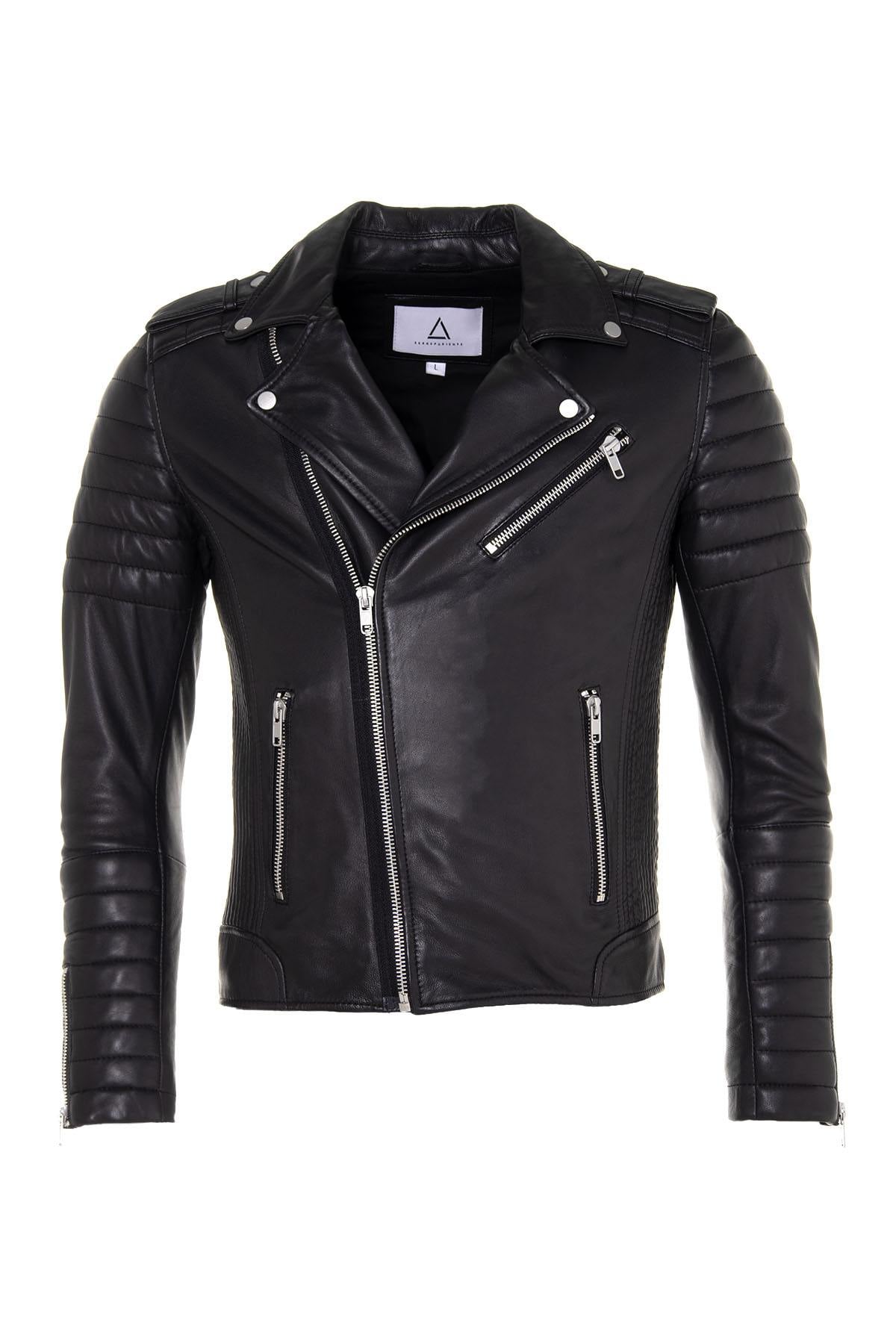 Black lambskin biker jacket with quilted shoulders and asymmetric zip. - Image n°3