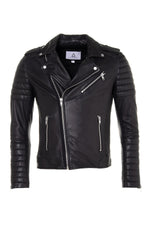 Black lambskin biker jacket with quilted shoulders and asymmetric zip. - Image n°3