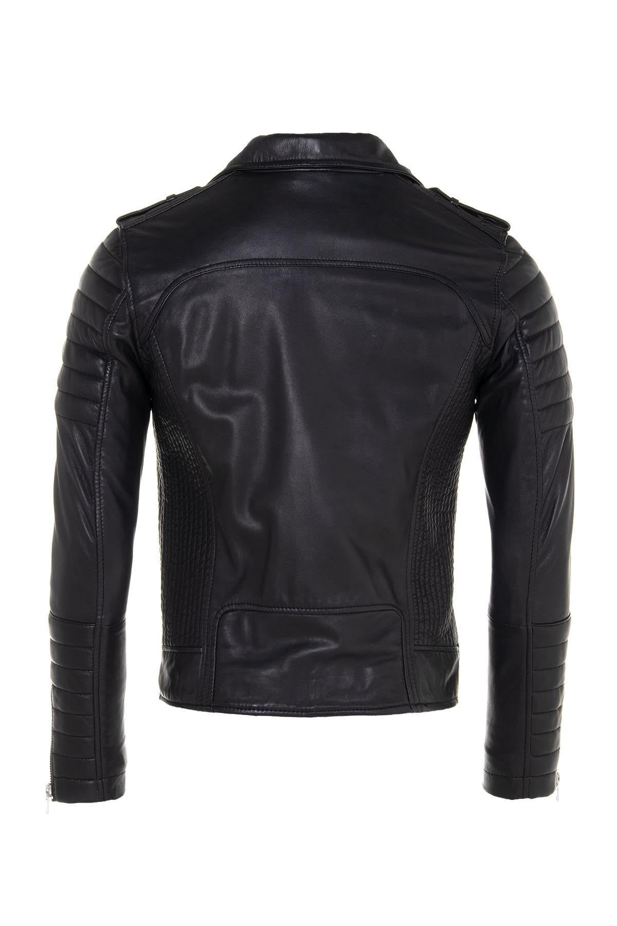 Black lambskin biker jacket with quilted shoulders and asymmetric zip. - Image n°10