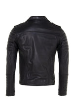 Black lambskin biker jacket with quilted shoulders and asymmetric zip. - Image n°10